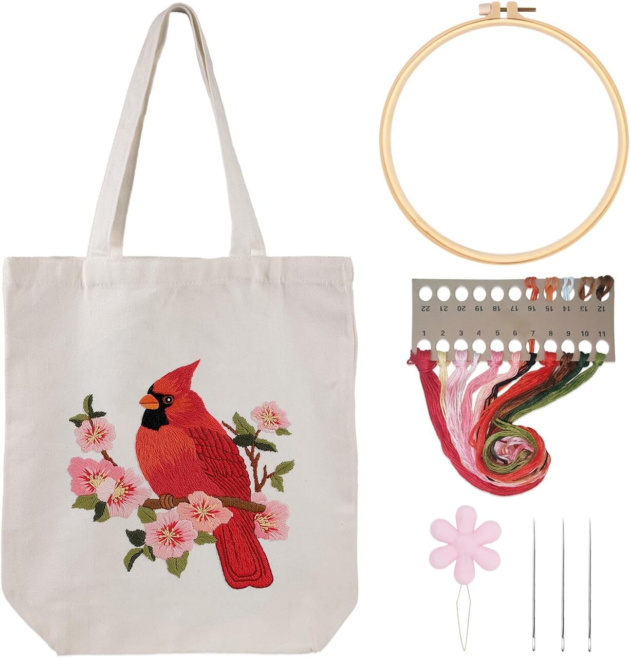 Canvas Tote Bag Embroidery Kit for Beginners – Cardinal Cross Stitch & Needlepoint DIY Kit with Pre-Printed Pattern, Embroidery Hoop, Threads & Needles – Reusable Shopping Grocery Bag Craft Set for Adults